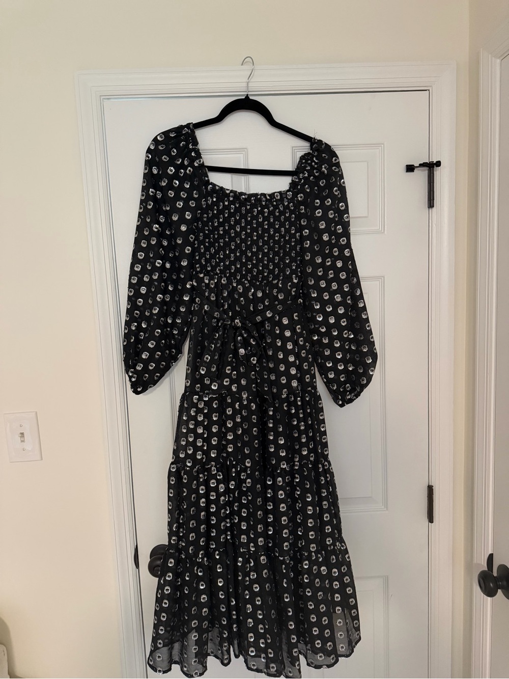 Black Floral Smocked Midi Dress with Puff Sleeves